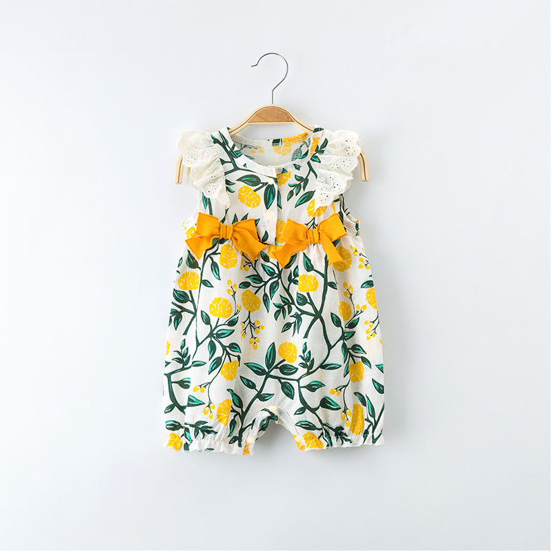 Baby Girls Botanical Print Bow Sleeveless Jumpsuit - PrettyKid