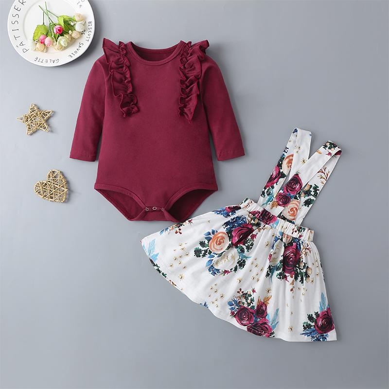 Baby Girls Long Sleeve Top & Floral Allover Print Suspender Skirt - PrettyKid