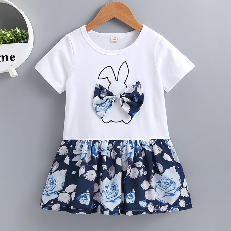 Summer Small And Medium Girls Rabbit Bow Short-Sleeved Printed Dress - PrettyKid