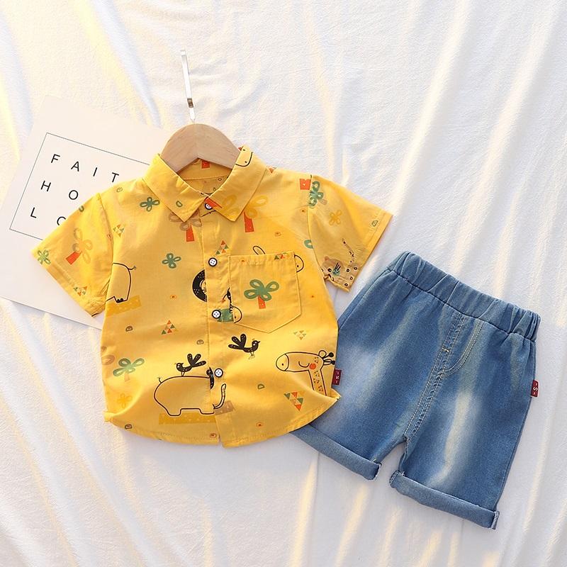 Toddler Boy Animal Print Shirt & Denim Shorts - PrettyKid