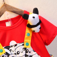 Toddler Girl Cartoon Panda Pattern T-shirt & Printed Overalls - PrettyKid