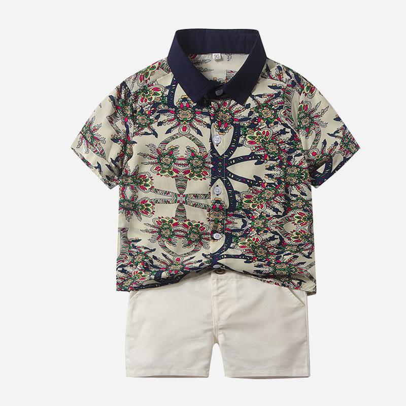 Children's Short-Sleeved Lapel Print T-shirt Shorts Casual Suit Online - PrettyKid