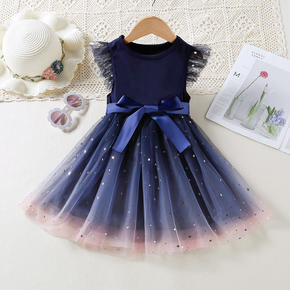 18M-6Y Girls Prom Dresses Mesh Stitching Fly Sleeve Bow Cute Toddler Girl Clothes Wholesale - PrettyKid