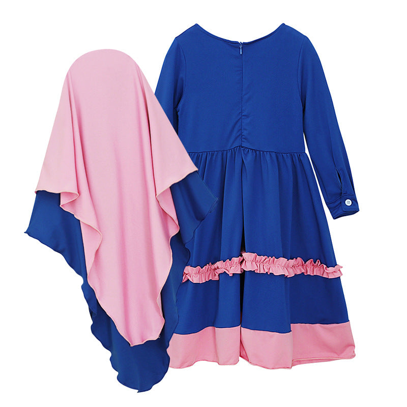 Girls Children's Spring and Autumn Models Middle Eastern Hui Long-sleeved Dress Long Dress Bow Hijab - PrettyKid
