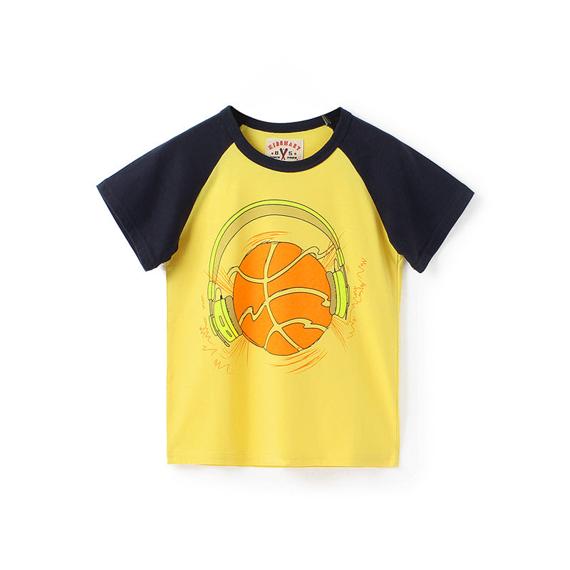 4-12Y Basketball Print Short Sleeve Contrast Crew Neck Boys T Shirts Wholesale Kids Boutique Clothing - PrettyKid
