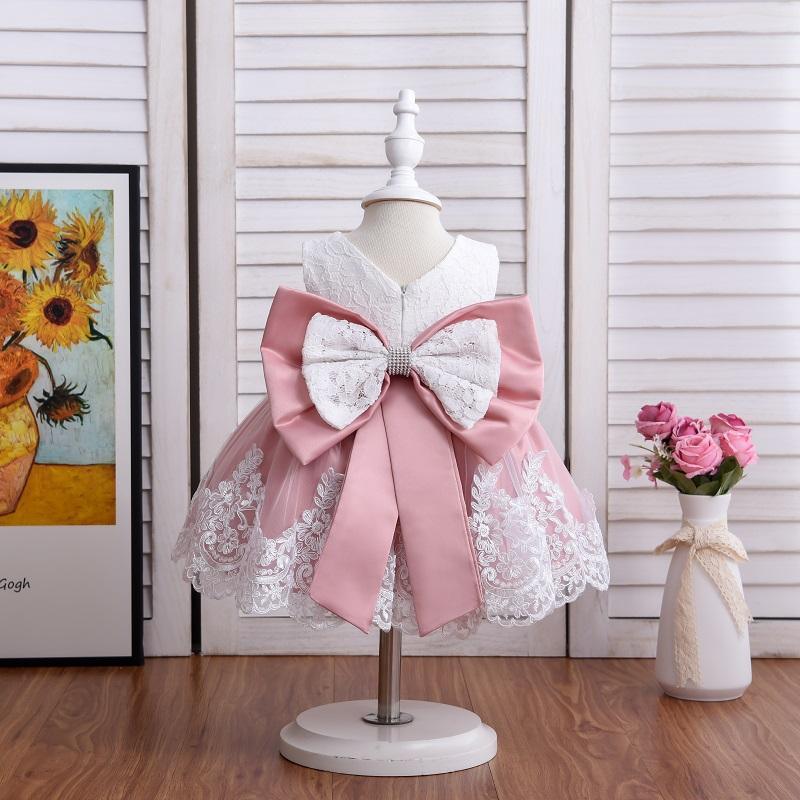 Baby Girl Bow Decor Lace Braided Sleeveless Formal Dress - PrettyKid