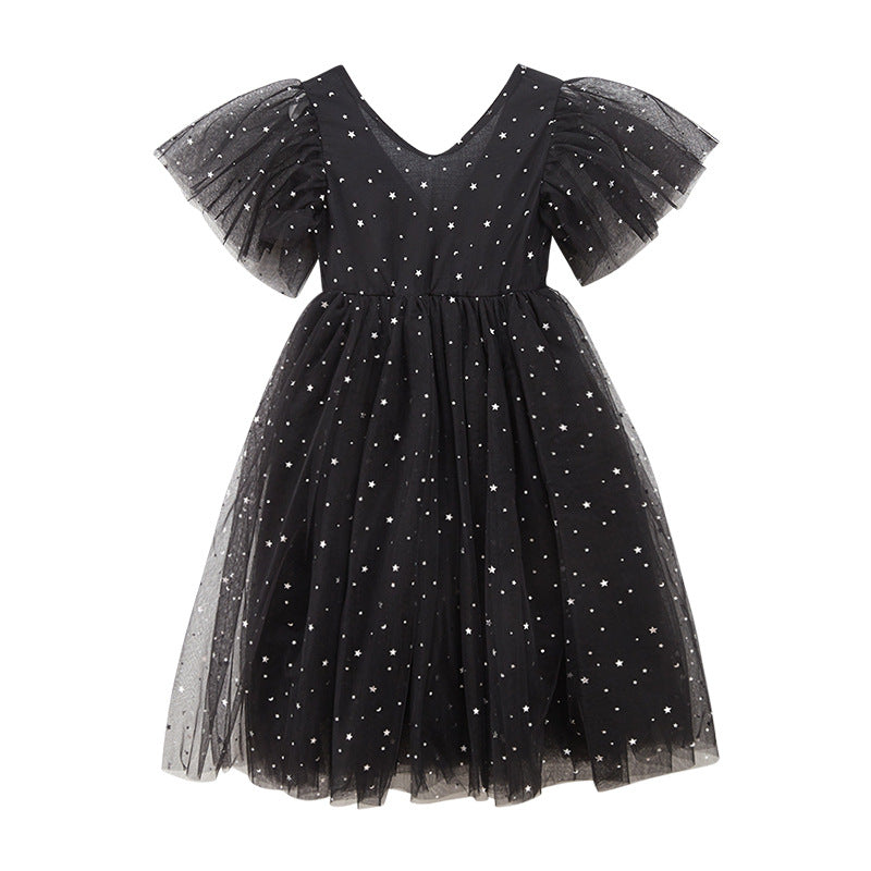 Kids Girls Solid Star Print V-neck Mesh Stitched Dress - PrettyKid