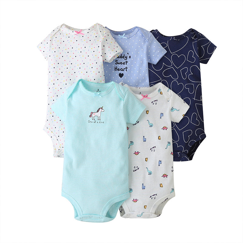 5PCs Set Jumpsuit Baby Boys Girls Short Sleeve Mixed Color Printing Triangle Jumpsuit Creeper 4 - PrettyKid