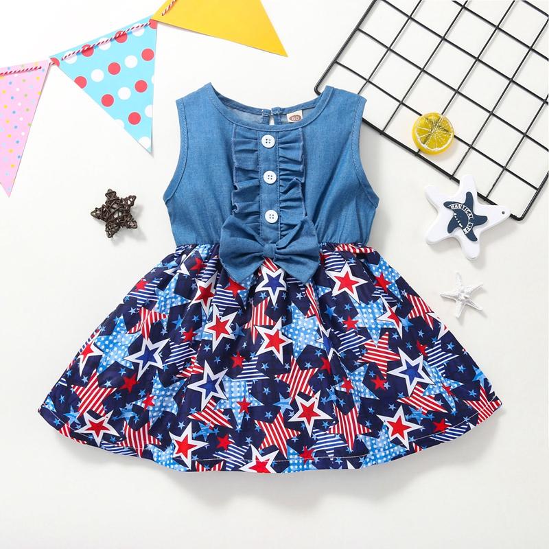 Toddler Girl Independence Day Pentagram Print Ruffle Trim Dress - PrettyKid