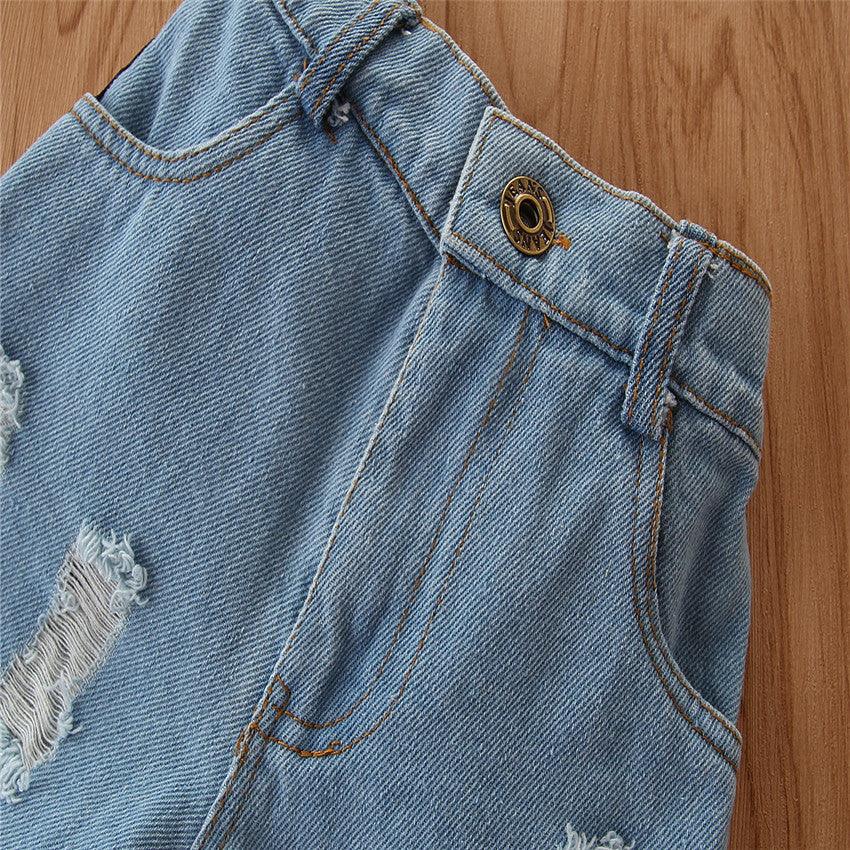 Toddler Kids Girls Short Sleeve Hollowed Out Top Suspender Denim Shorts 3-piece Set Wholesale Childrens - PrettyKid