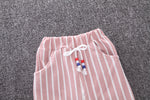 Toddler Kids Boys Solid Color Cartoon Print Short Sleeve T-Shirt Top Striped Shorts Summer Suit - PrettyKid