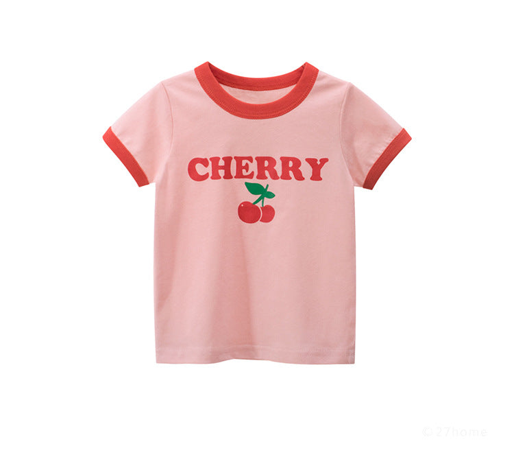 Toddler Kids Girls Solid Lovely Cherry Printed Cotton Short Sleeve T-Shirt Top - PrettyKid