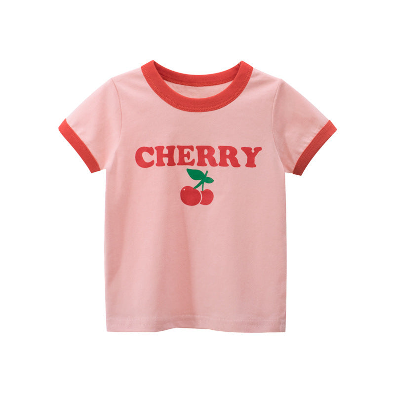 Toddler Kids Girls Solid Lovely Cherry Printed Cotton Short Sleeve T-Shirt Top - PrettyKid
