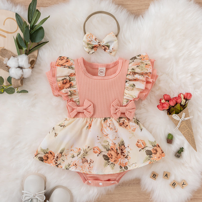 Bowknot Floral Print Ribbed Jumpsuit With Headband Baby Girl Jumpsuit - PrettyKid