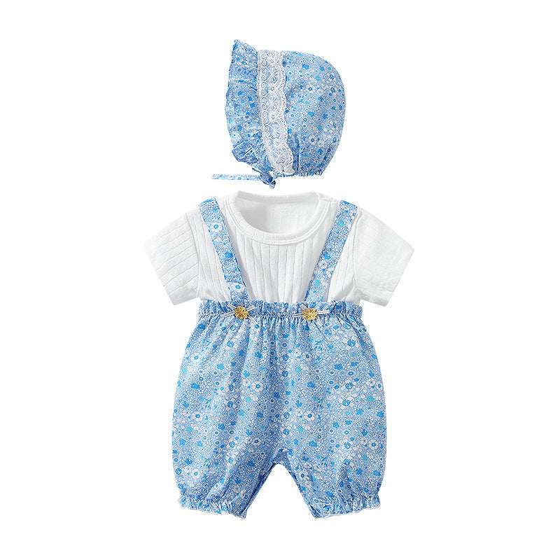 Baby Girls Fake Two Pieces Floral Shorts-Sleeve Suspender Romper & Hats - PrettyKid