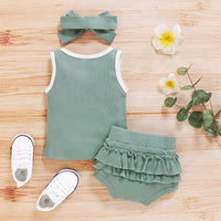 Solid Tank Top and Ruffled Shorts Set with Headband Wholesale children's clothing - PrettyKid