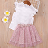 Kids Girls Solid Color Sleeveless Top Mesh Flower Print Skirt Bow Set - PrettyKid