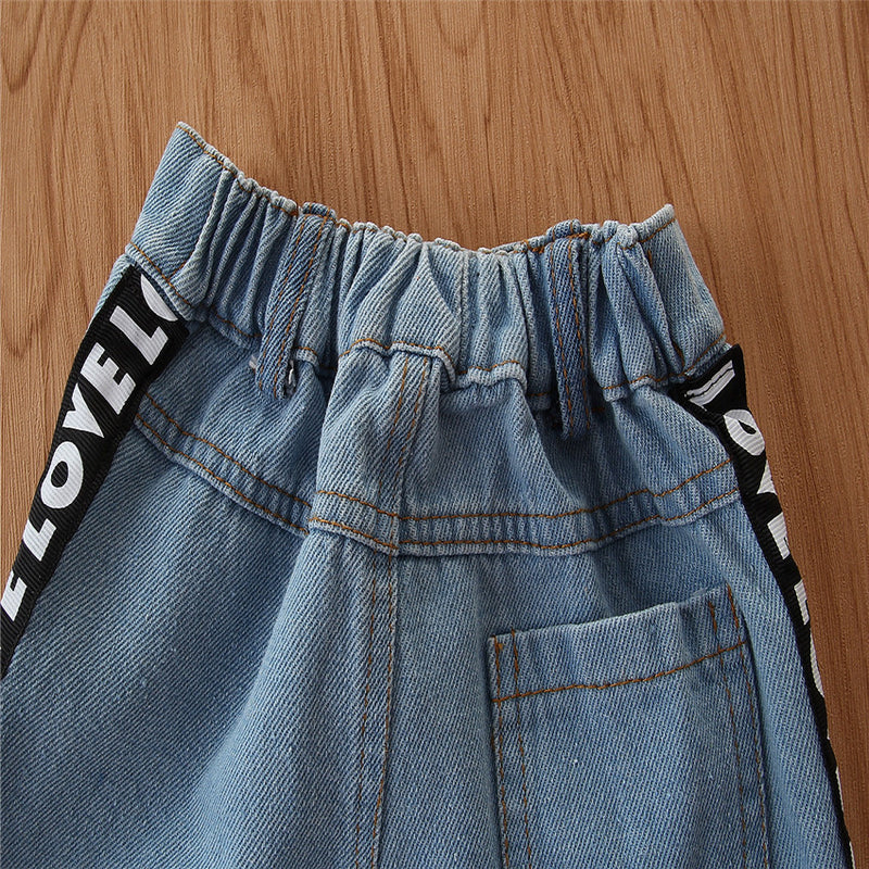 Toddler Kids Girls Short Sleeve Hollowed Out Top Suspender Denim Shorts 3-piece Set Wholesale Childrens - PrettyKid