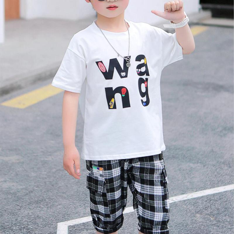 Boy Letter Print T-shirt & Plaid Cropped Pants - PrettyKid