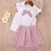 Kids Girls Solid Color Sleeveless Top Mesh Flower Print Skirt Bow Set - PrettyKid