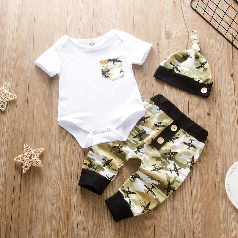 Baby boys girls white short sleeve jumpsuit, camouflage pants and hat - PrettyKid