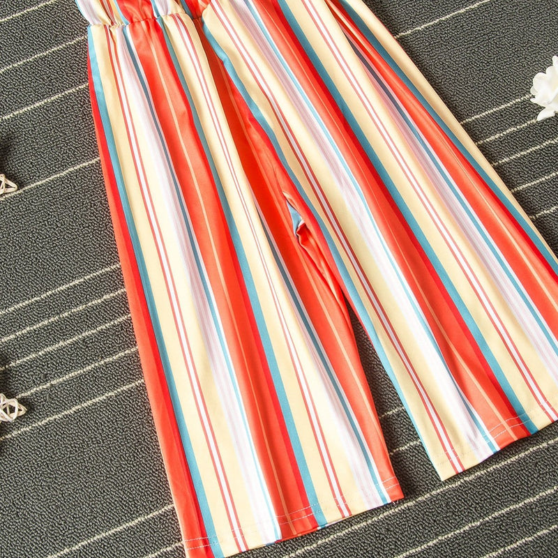 Toddler kids girls rainbow print striped sling jumpsuits - PrettyKid