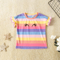 Toddler kids girls' cartoon eye print rainbow stripe round neck short sleeve T shirt - PrettyKid