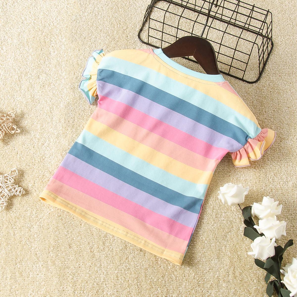 Toddler kids girls' cartoon eye print rainbow stripe round neck short sleeve T shirt - PrettyKid