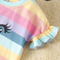 Toddler kids girls' cartoon eye print rainbow stripe round neck short sleeve T shirt - PrettyKid