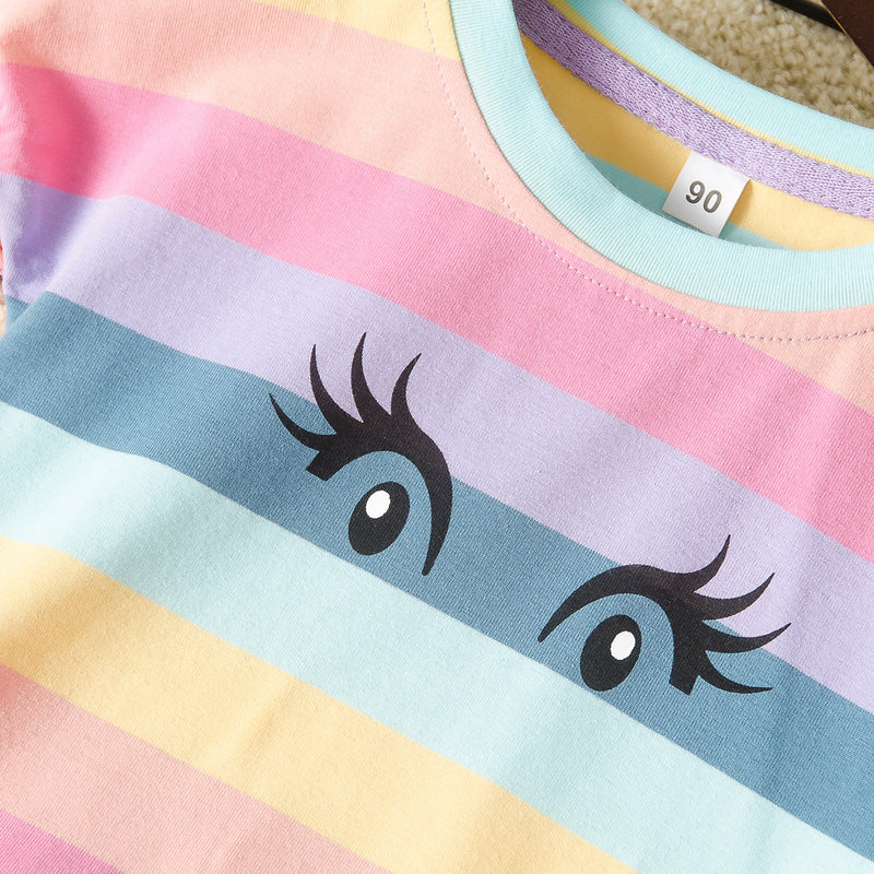 Toddler kids girls' cartoon eye print rainbow stripe round neck short sleeve T shirt - PrettyKid