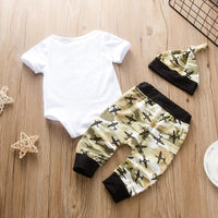 Baby boys girls white short sleeve jumpsuit, camouflage pants and hat - PrettyKid