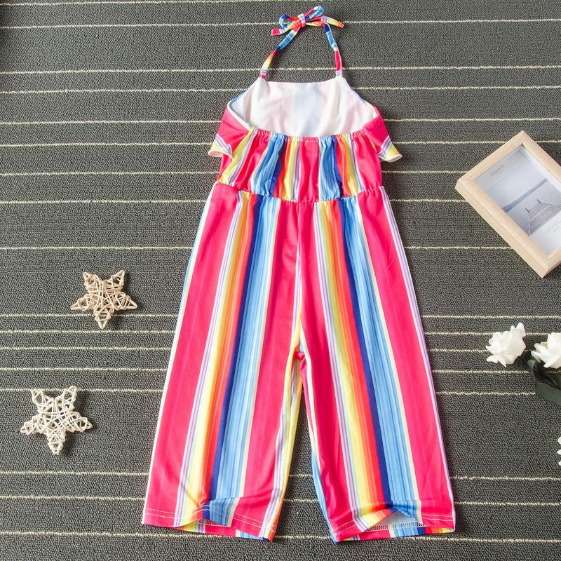 Summer toddler girls' rainbow striped jumpsuit with neck - PrettyKid