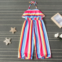 Summer toddler girls' rainbow striped jumpsuit with neck - PrettyKid