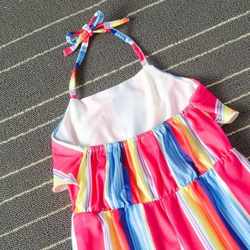 Summer toddler girls' rainbow striped jumpsuit with neck - PrettyKid