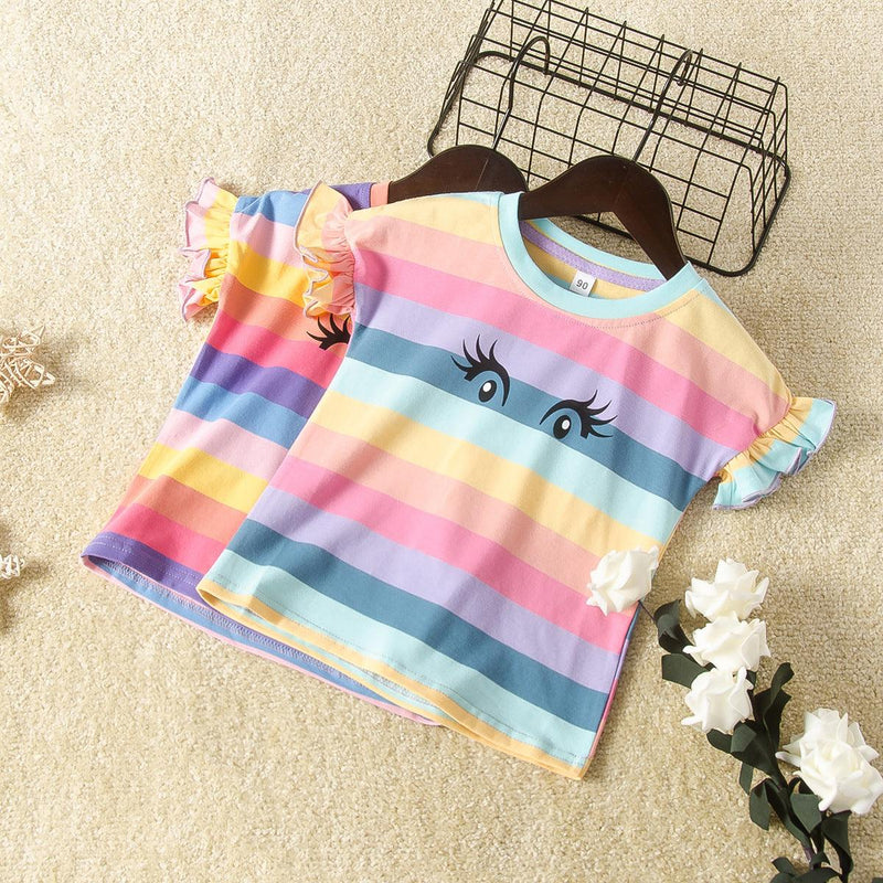 Toddler kids girls' cartoon eye print rainbow stripe round neck short sleeve T shirt - PrettyKid