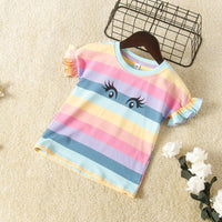 Toddler kids girls' cartoon eye print rainbow stripe round neck short sleeve T shirt - PrettyKid