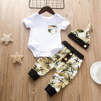 Baby boys girls white short sleeve jumpsuit, camouflage pants and hat - PrettyKid