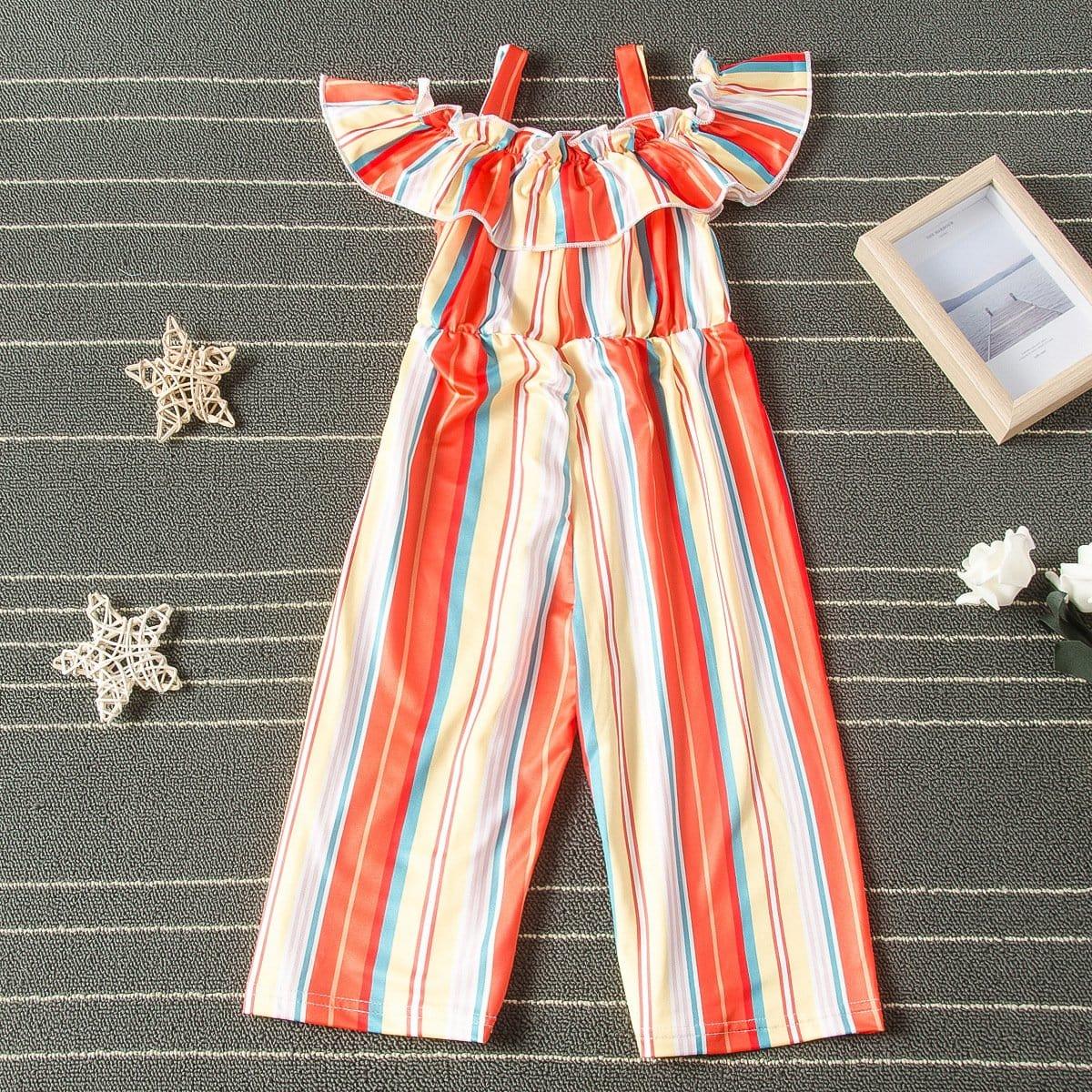 Toddler kids girls rainbow print striped sling jumpsuits - PrettyKid