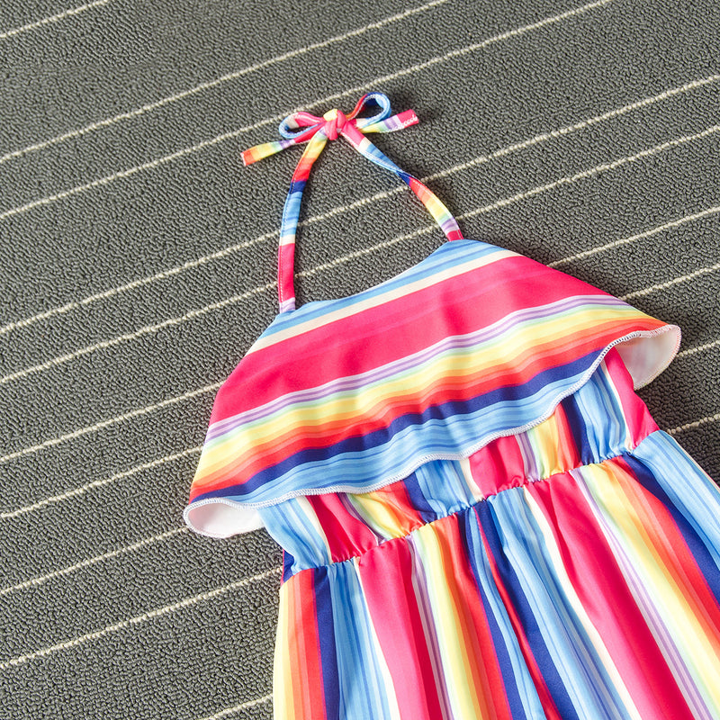 Summer toddler girls' rainbow striped jumpsuit with neck - PrettyKid