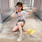 2022 New Girls Summer In The Big Children's Clothing Smiley Short-sleeved T-shirt Plaid Shorts Two-piece Set - PrettyKid