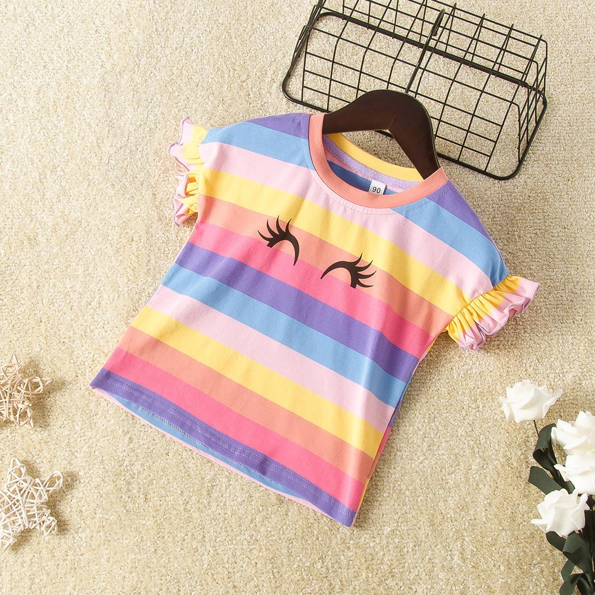 Toddler kids girls' cartoon eye print rainbow stripe round neck short sleeve T shirt - PrettyKid