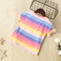 Toddler kids girls' cartoon eye print rainbow stripe round neck short sleeve T shirt - PrettyKid