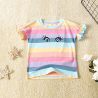 Toddler kids girls' cartoon eye print rainbow stripe round neck short sleeve T shirt - PrettyKid