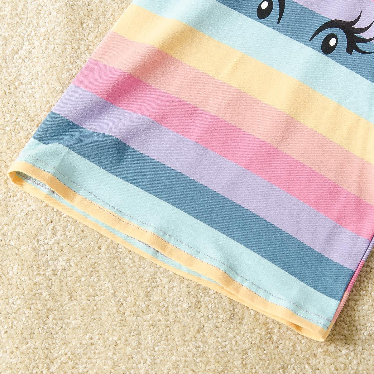 Toddler kids girls' cartoon eye print rainbow stripe round neck short sleeve T shirt - PrettyKid