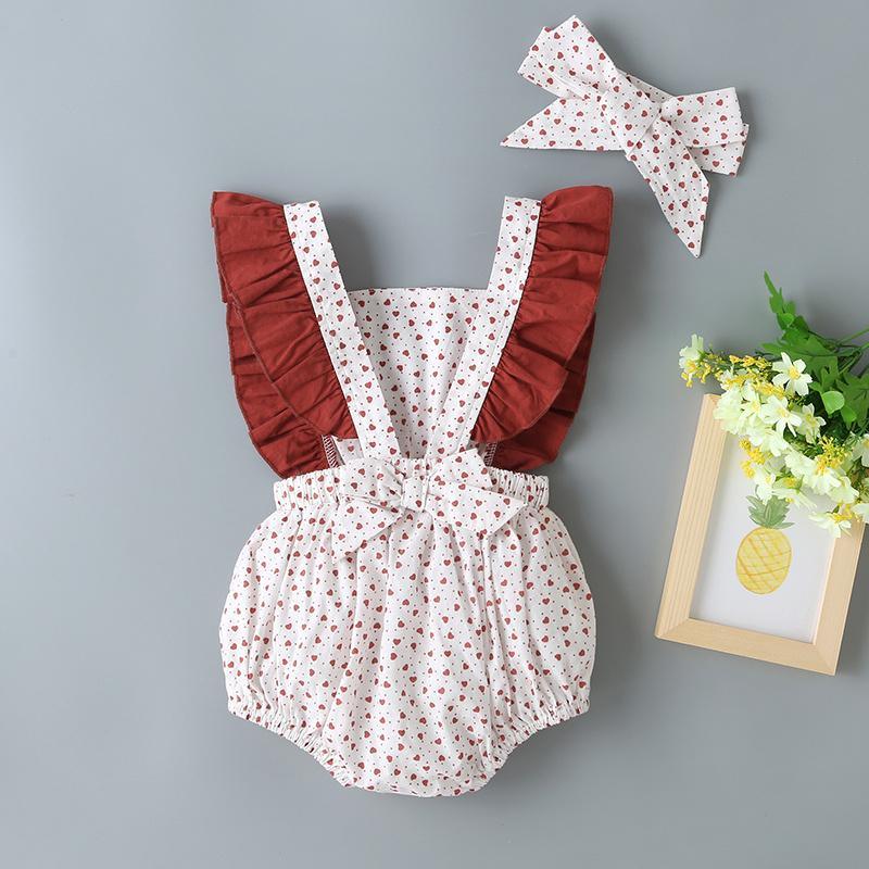 New Born Girl Heart-shaped Pattern Bodysuit & Bowknot Headband - PrettyKid