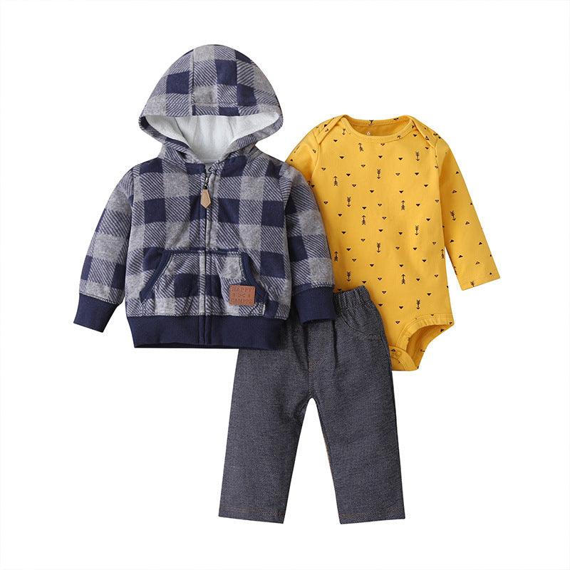 Spring and Autumn Wild Baby Boys and Girls Striped Cartoon Trousers Long Sleeve Hooded Three-piece Pants Set - PrettyKid