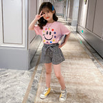2022 New Girls Summer In The Big Children's Clothing Smiley Short-sleeved T-shirt Plaid Shorts Two-piece Set - PrettyKid
