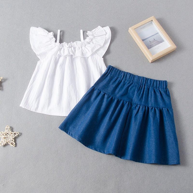 One word shoulder lotus leaf side top A-word skirt set bow skirt set - PrettyKid