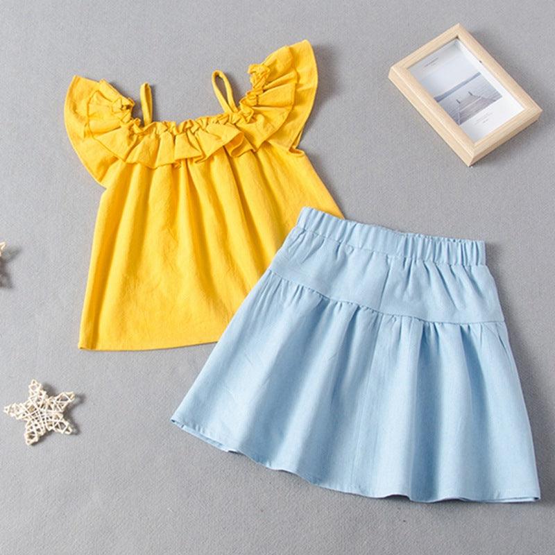 One word shoulder lotus leaf side top A-word skirt set bow skirt set - PrettyKid