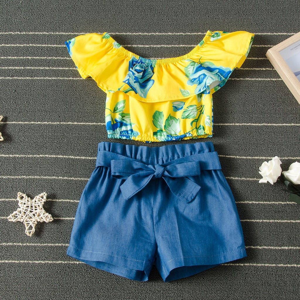 Toddler kids girls' short sleeve print top bow shorts suit - PrettyKid